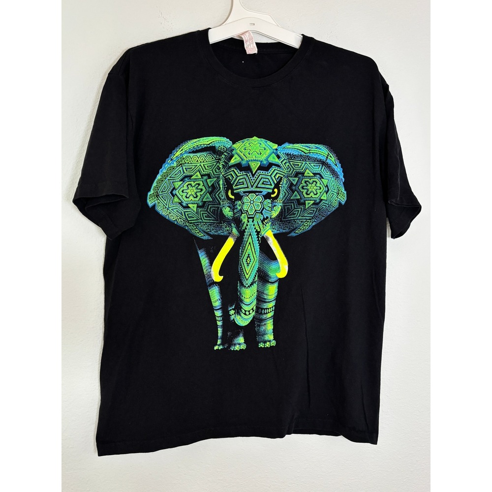 Euro Cotton Black Neon Geometric Elephant Graphic T-Shirt Mens Large